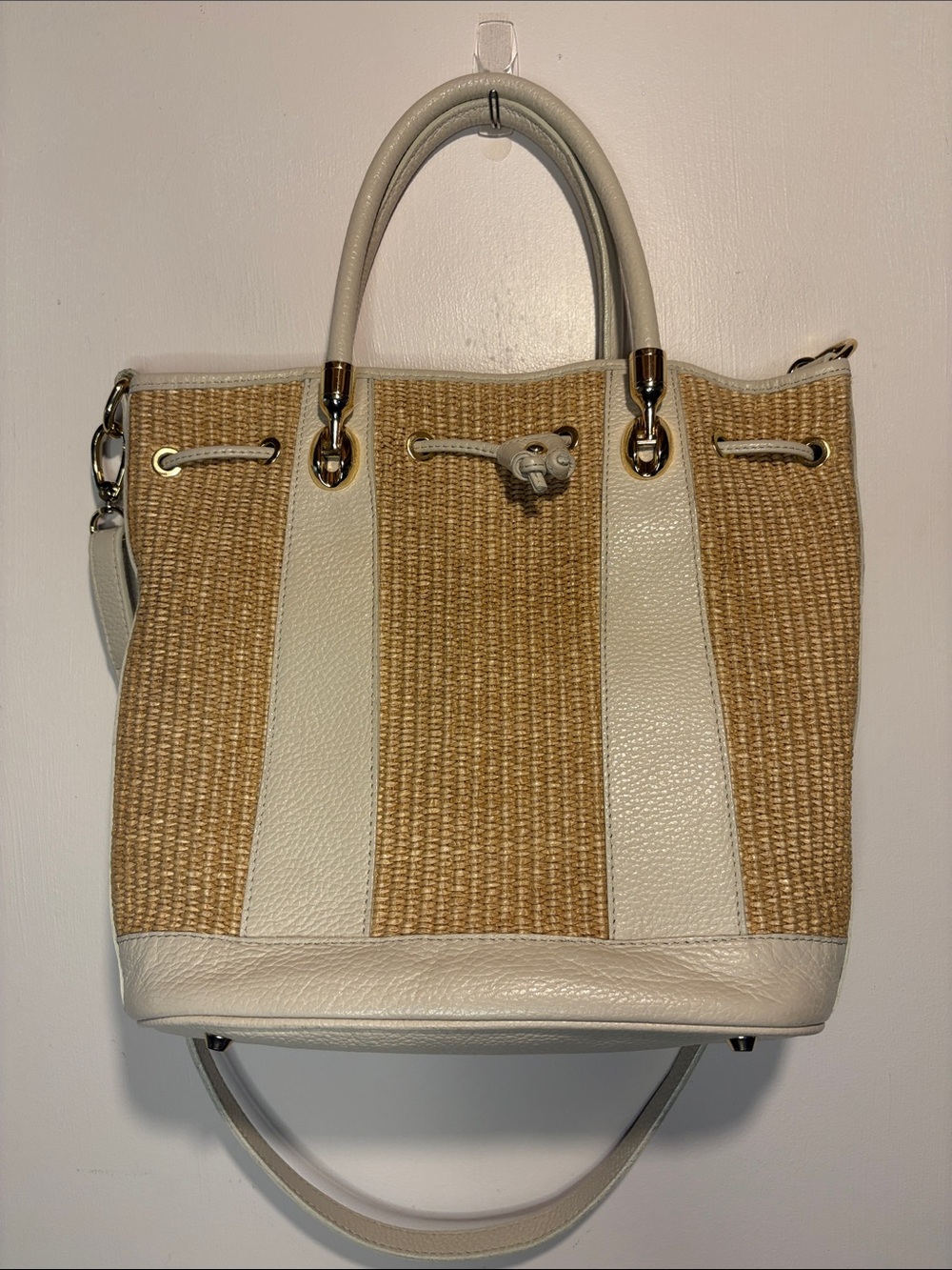 Valentina Genuine Made In Italy Raffia White Leather Drawstring Bucket Bag Strap